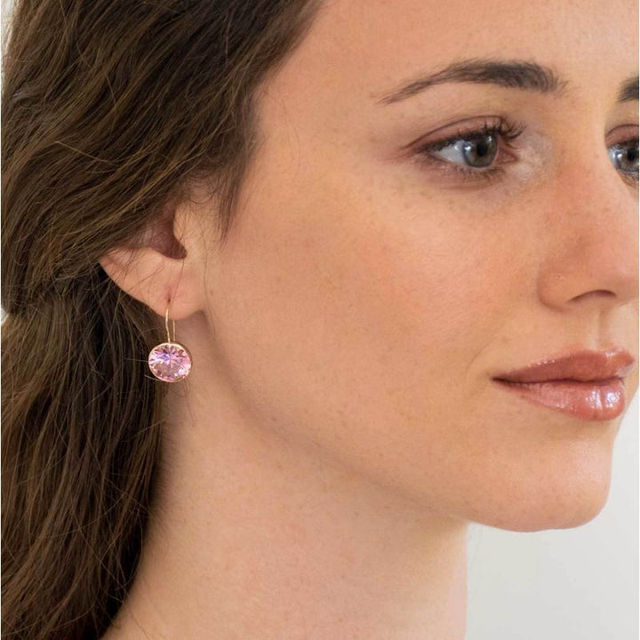 14K Yellow Gold Large Pink Cubic Zirconia 12mm Dangle Earrings