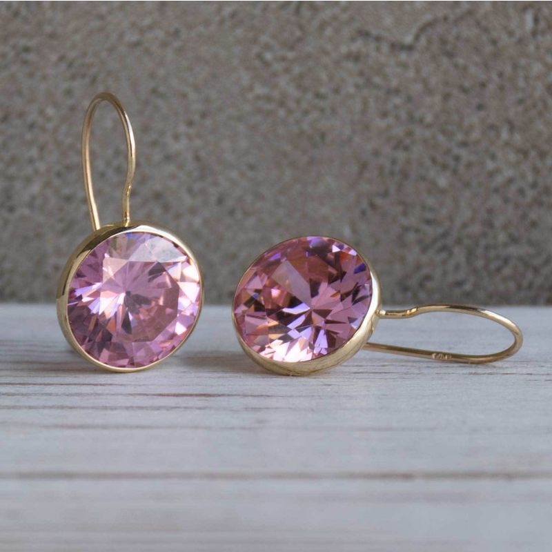 14K Yellow Gold Large Pink Cubic Zirconia 12mm Dangle Earrings