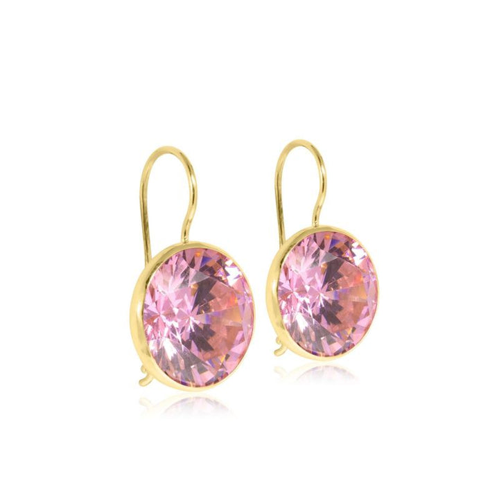 14K Yellow Gold Large Pink Cubic Zirconia 12mm Dangle Earrings