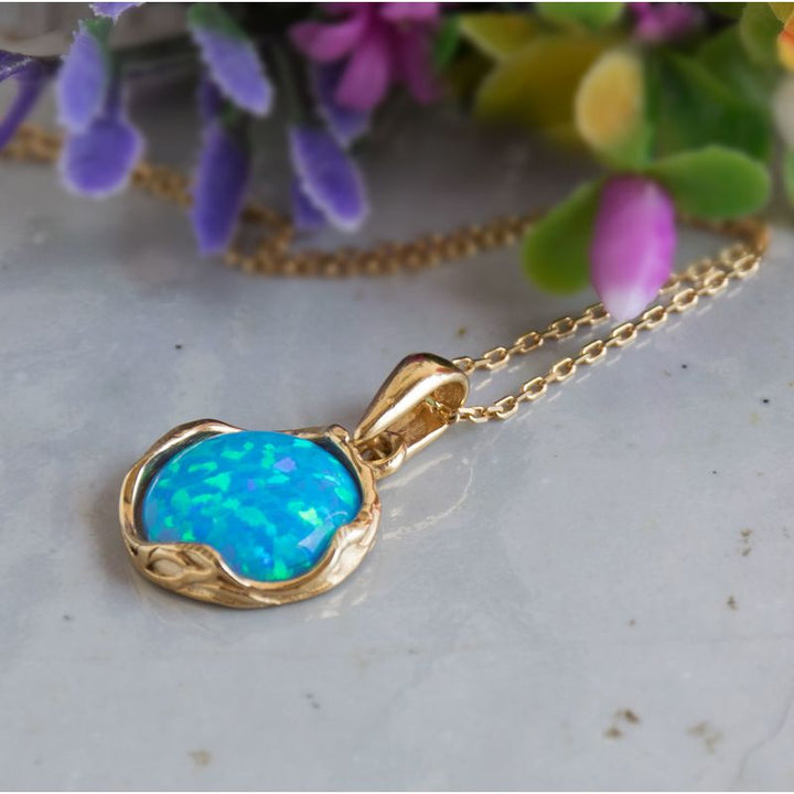 Yellow Gold Plated Round Blue Opal 12mm Pendant