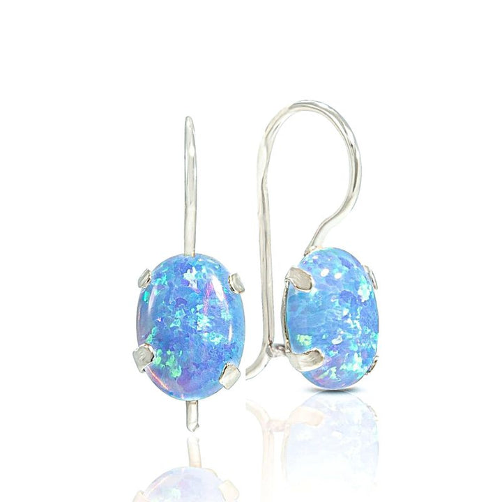14K White Gold Oval Blue Opal 6X8mm Dangle Earrings
