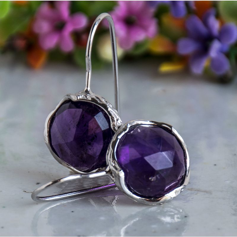 14K White Gold Round Purple Amethyst 12mm Dangle Earrings