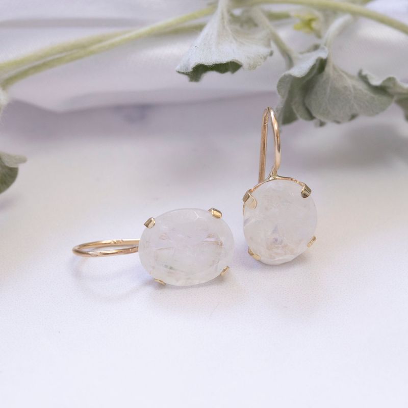 14K Yellow Gold Oval White Moonstone 8X10mm Dangle Earrings