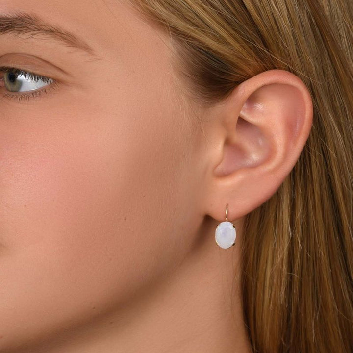 14K Yellow Gold Oval White Moonstone 8X10mm Dangle Earrings