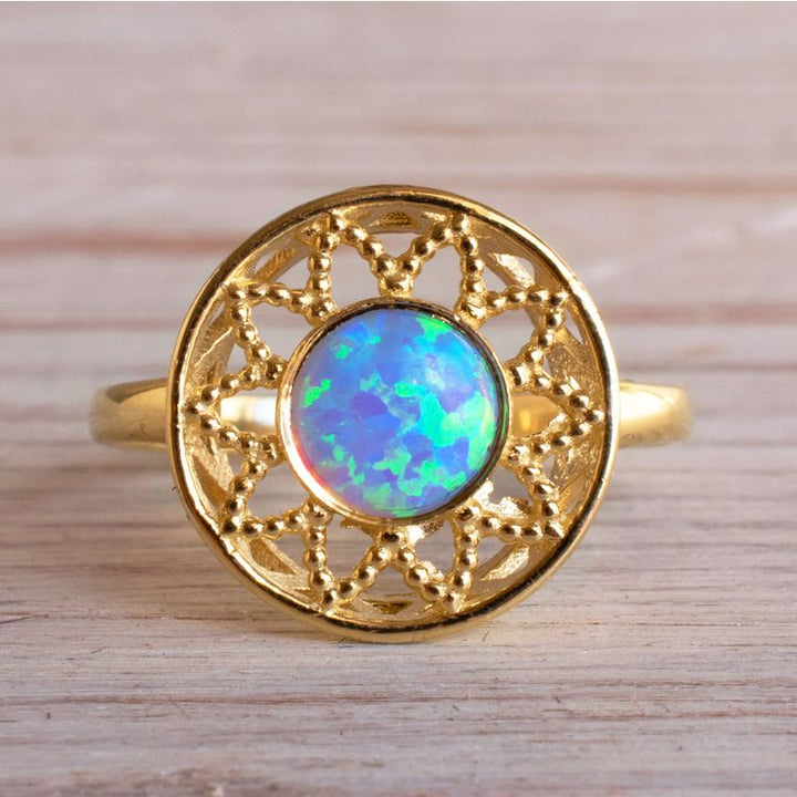 14K Yellow Gold Round Blue Opal Ring - filigree ring , Handmade 