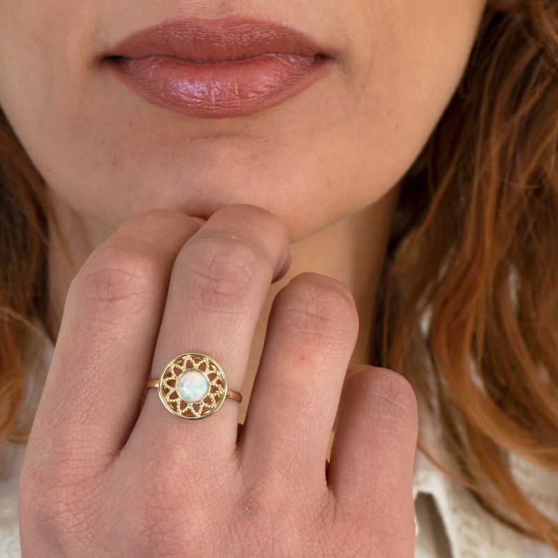 14K Yellow Gold Round White Opal Ring - white opal ring , Handmade 