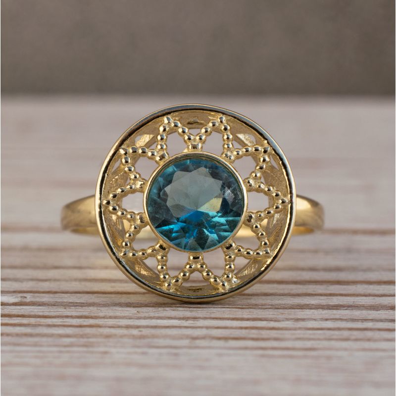 14K Yellow Gold Round Blue Topaz 6mm Ring
