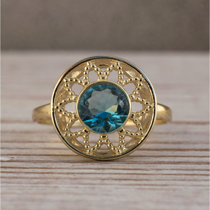 14K Yellow Gold Round Blue Topaz 6mm Ring