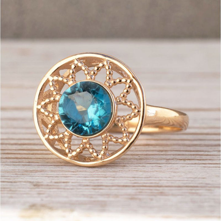 14K Rose Gold Round Blue Topaz 6mm Ring