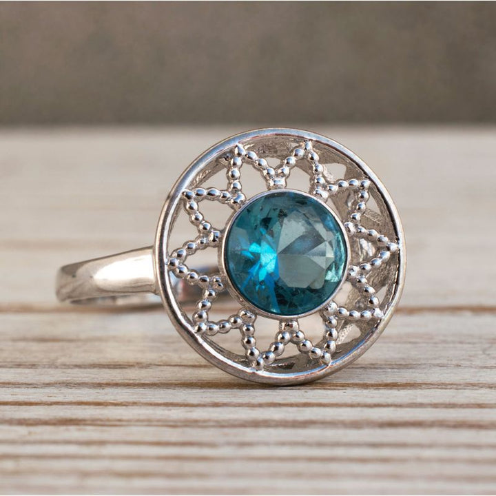 14K White Gold Round Blue Topaz 6mm Ring