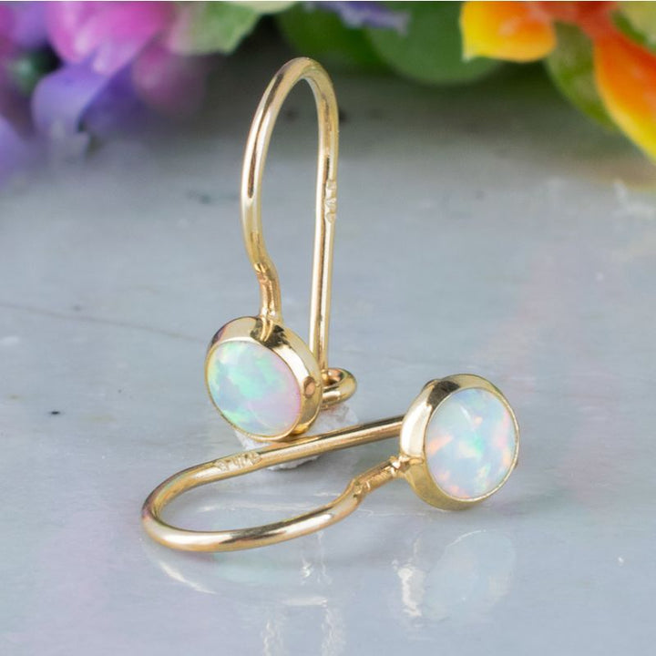 14K Gold Round 8mm White Opal Dangle Earrings