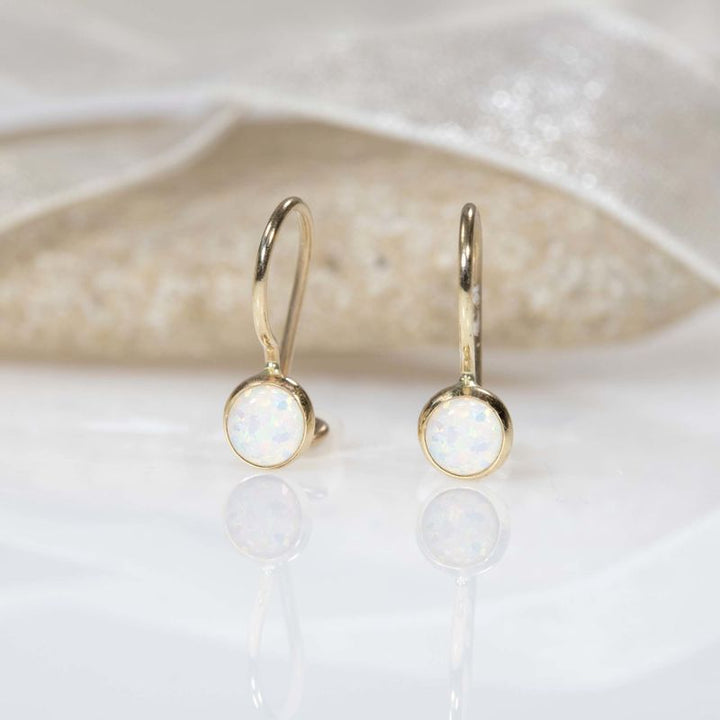 14K Gold Round 8mm White Opal Dangle Earrings