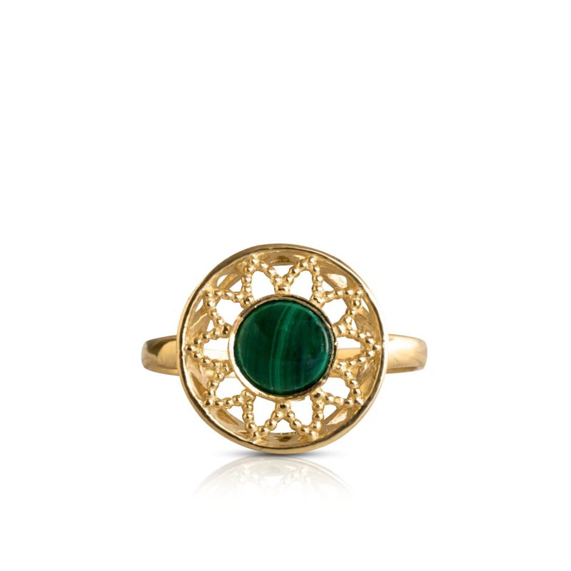 14K Yellow Gold Round Green Malachite Ring - antique ring , Handmade 