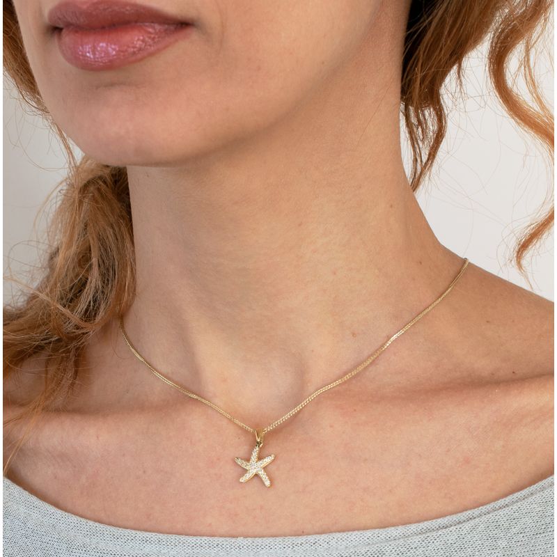 14K Yellow Gold StarFish White Cubic zirconia Pendant 