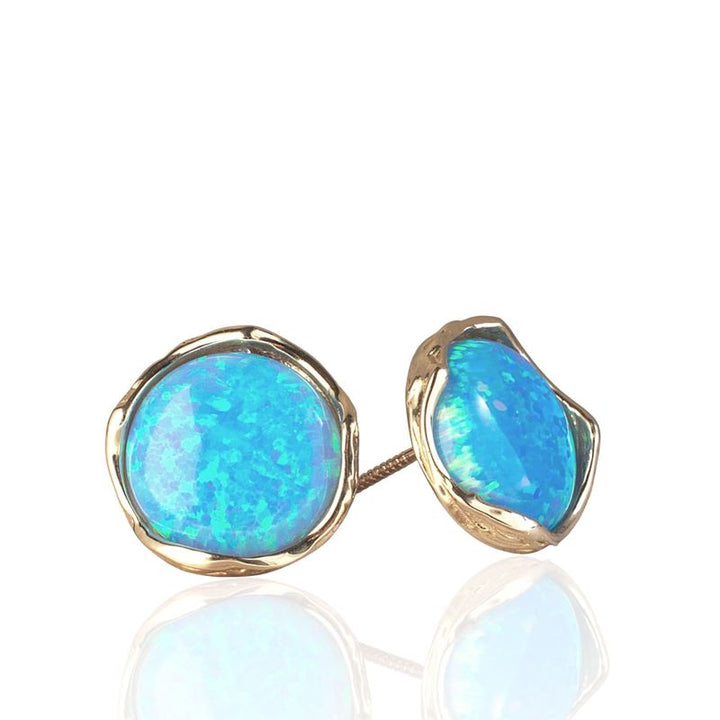 14K Yellow Gold Blue Opal Earrings - artisan earrings , Handmade 