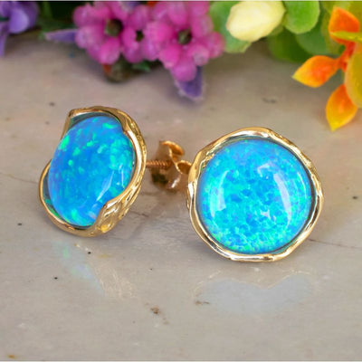 14K Yellow Gold Blue Opal Earrings - artisan earrings , Handmade 