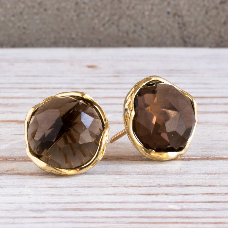 14K Yellow Gold Round Brown Smoky Quartz 12mm Stud Earrings