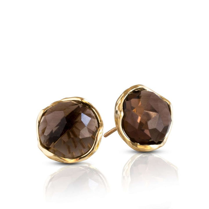 14K Yellow Gold Round Brown Smoky Quartz 12mm Stud Earrings