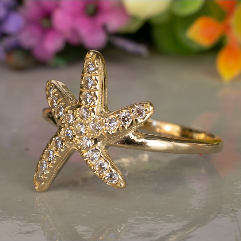 14K Yellow Gold Starfish White Cubic Zirconia 1.3mm Ring