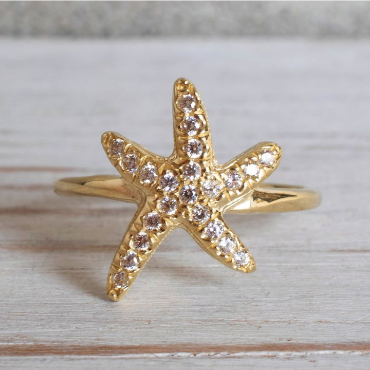 14K Yellow Gold Starfish White Cubic Zirconia 1.3mm Ring