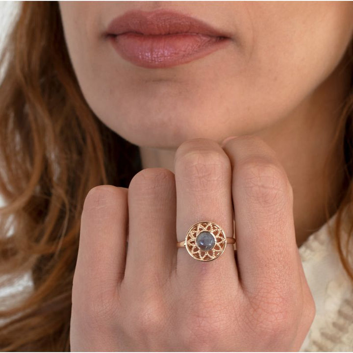 14K Rose Gold Round Brown Labradorite Ring - statement ring , Handmade 