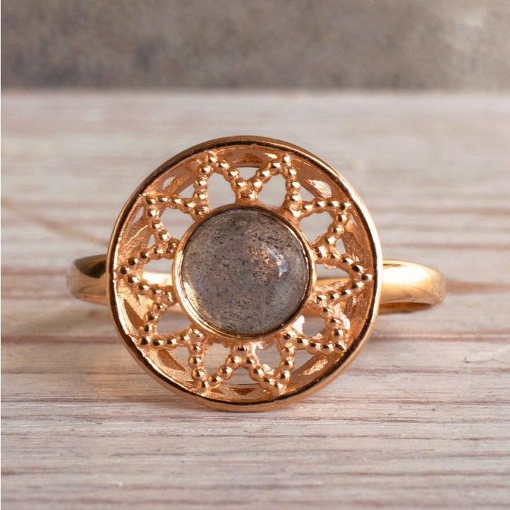 14K Rose Gold Round Brown Labradorite Ring - statement ring , Handmade 