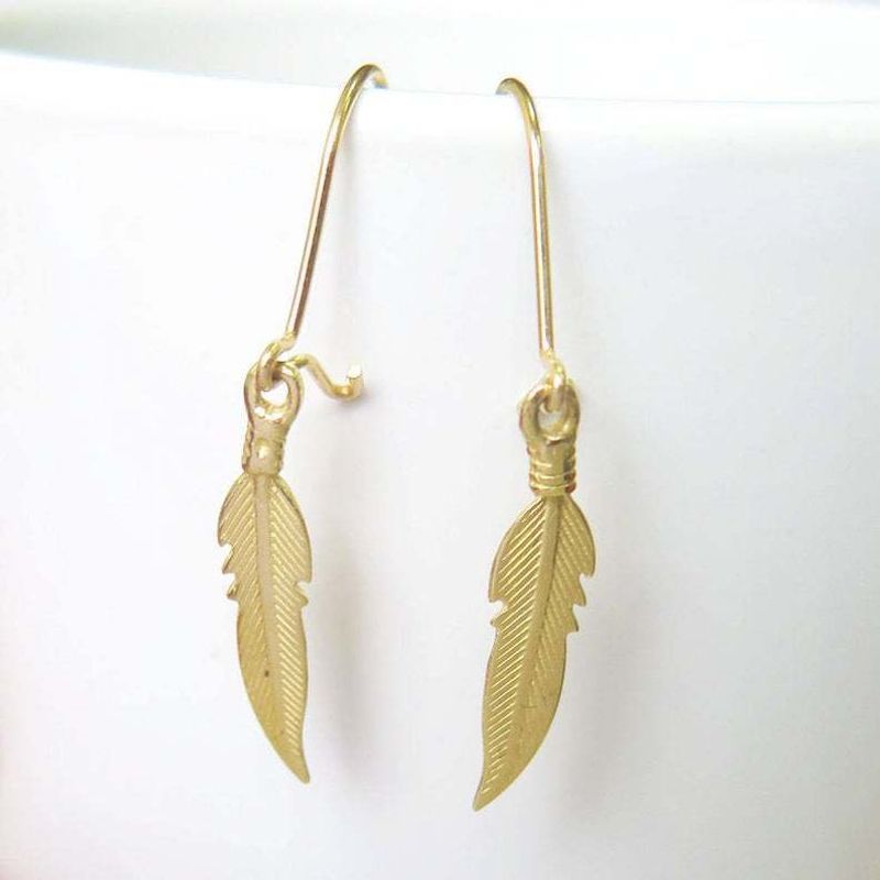 14K Yellow Gold Dangle Feather Earrings