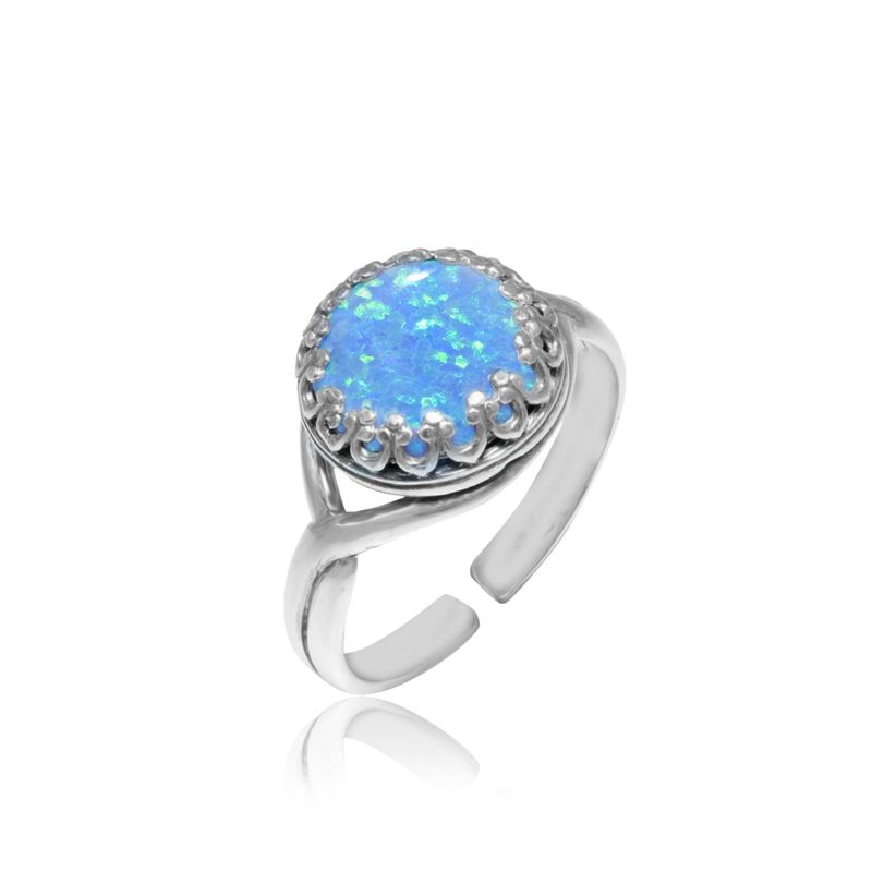 925 Sterling Silver Round Blue Opal 10mm Ring