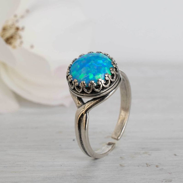 925 Sterling Silver Round Blue Opal 10mm Ring