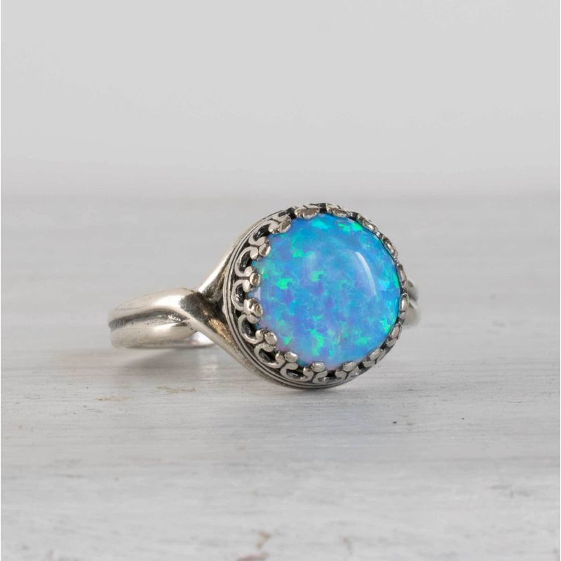 925 Sterling Silver Round Blue Opal 10mm Ring