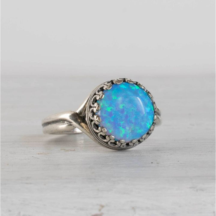 925 Sterling Silver Round Blue Opal 10mm Ring