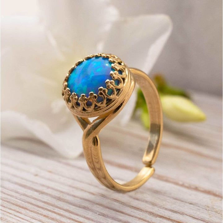 Yellow Gold Plated Blue Opal 10mm Ring