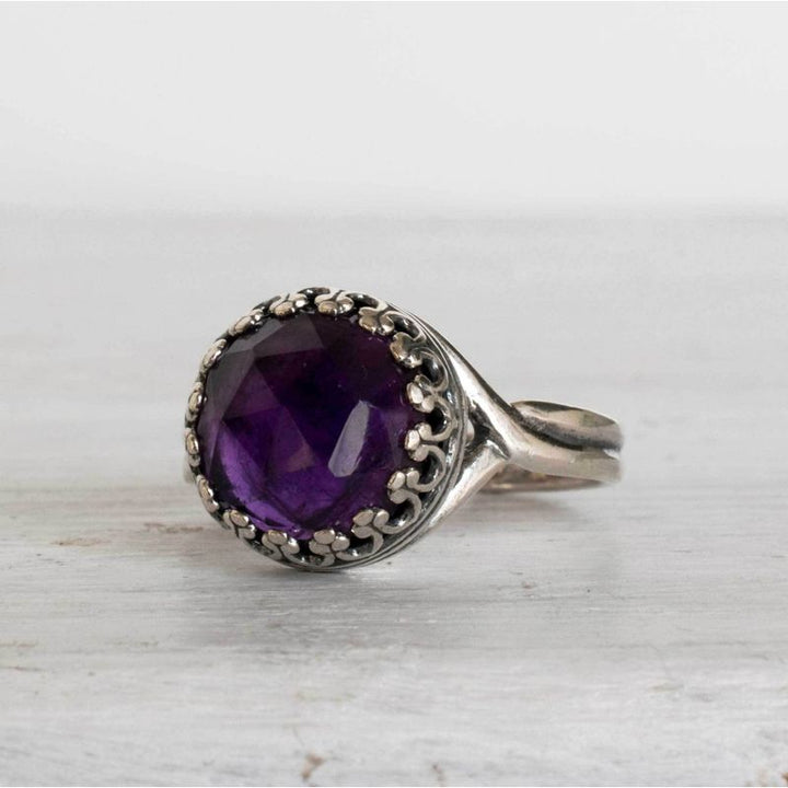 925 Sterling Silver Round Purple Amethyst 10mm Ring