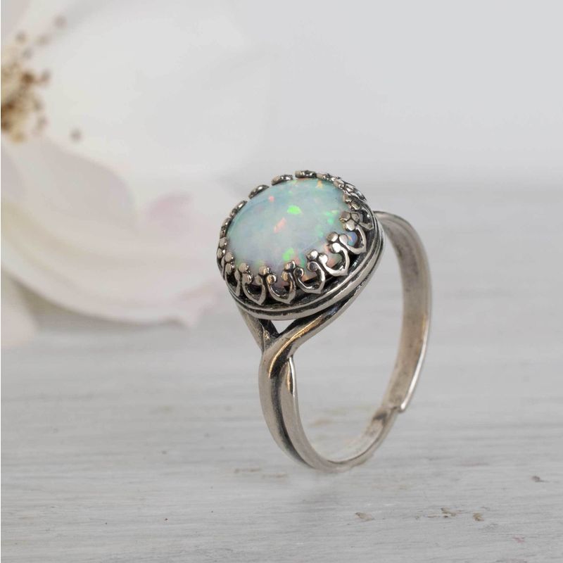 925 Sterling Silver Round White Opal 10mm Ring