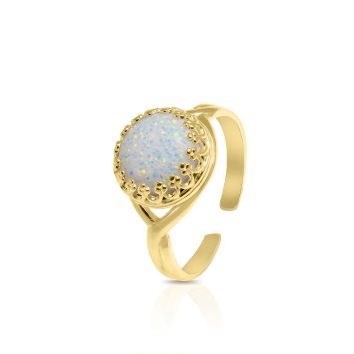 Yellow Gold Plated White Opal 10mm Ring