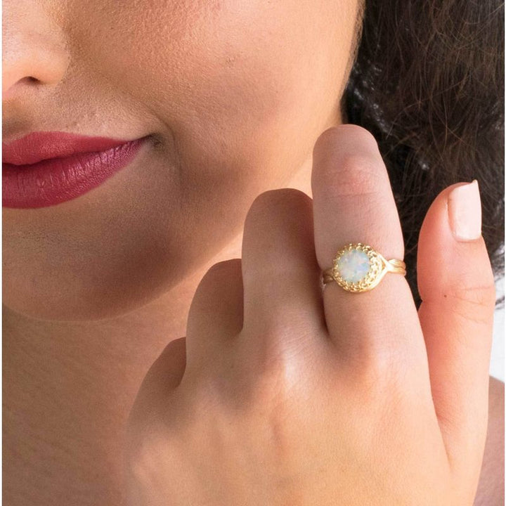 Yellow Gold Plated White Opal 10mm Ring