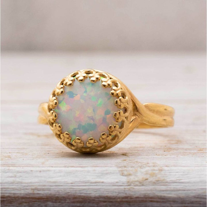 Yellow Gold Plated White Opal 10mm Ring