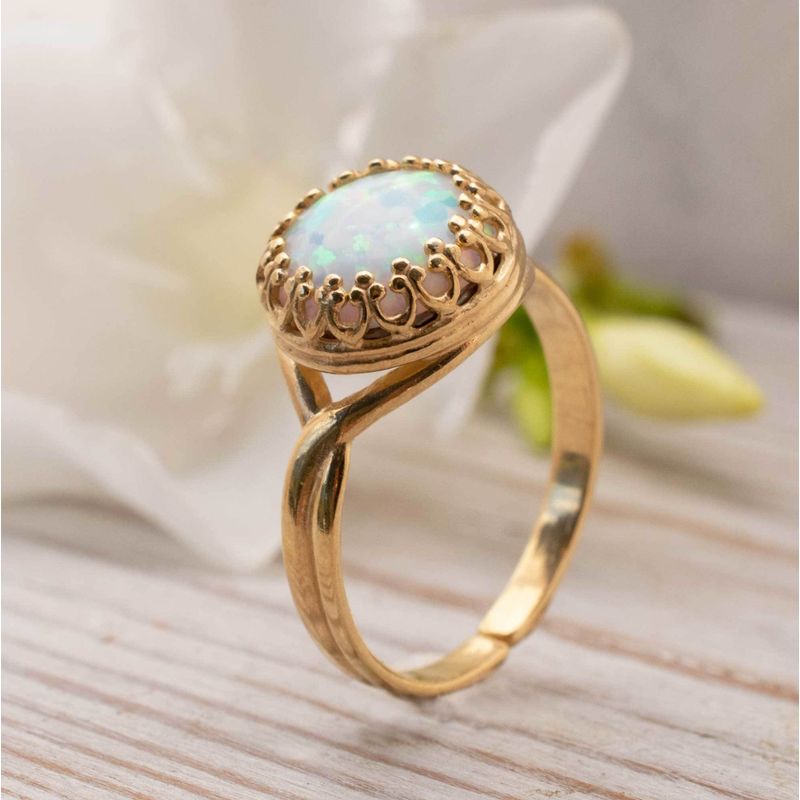 Yellow Gold Plated White Opal 10mm Ring