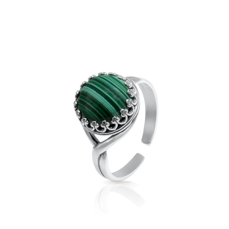 925 Sterling Silver Round Green Malachite 10mm Ring