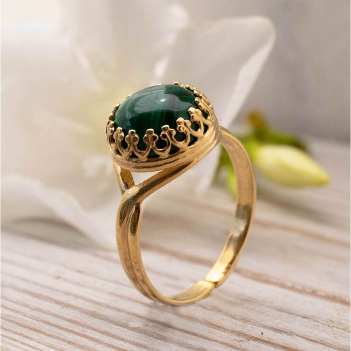 Yellow Gold Plated Green Malachite 10mm Ring