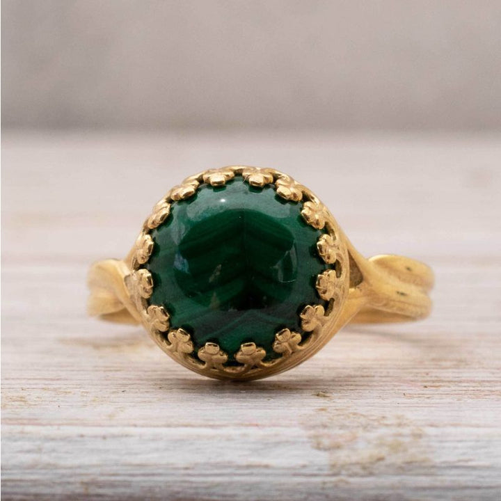 Yellow Gold Plated Green Malachite 10mm Ring