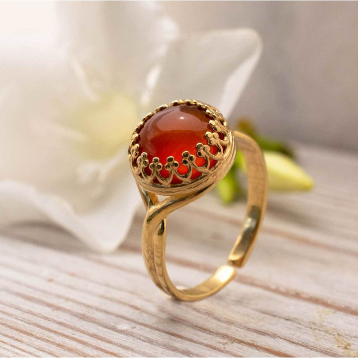 Yellow Gold Plated Round Red Carnelian 10mm Ring