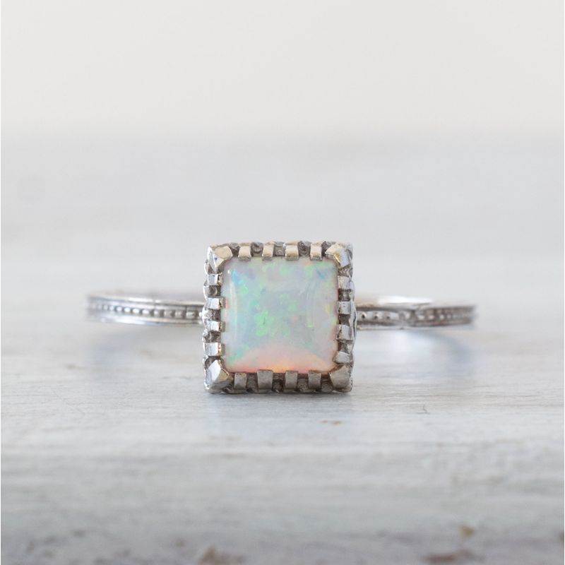 14K White Gold Square White Opal 6X6mm Ring