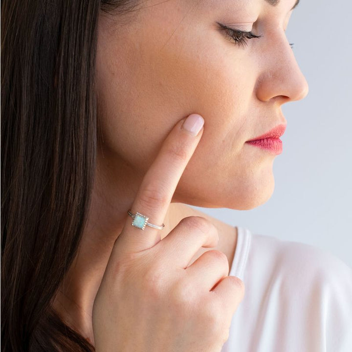 14K White Gold Square White Opal 6X6mm Ring