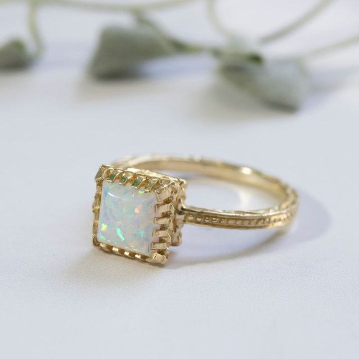 14K Yellow Gold Square White Opal 6X6mm Ring