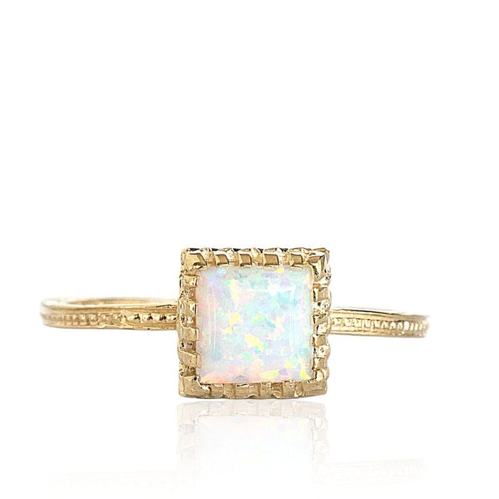 14K Yellow Gold Square White Opal 6X6mm Ring