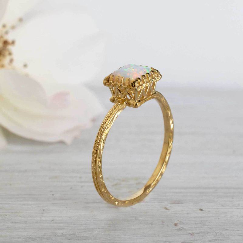 14K Yellow Gold Square White Opal 6X6mm Ring