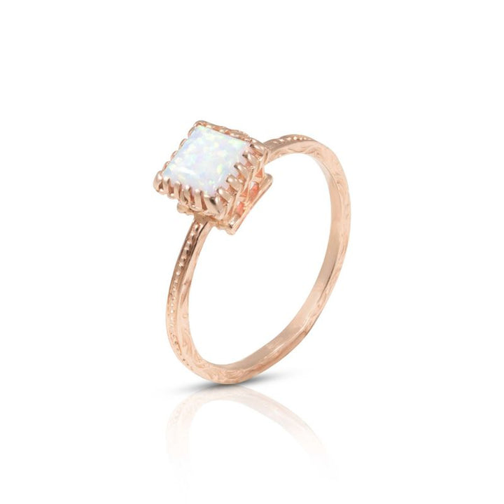 14K Rose Gold White Opal Square Solitaire Ring
