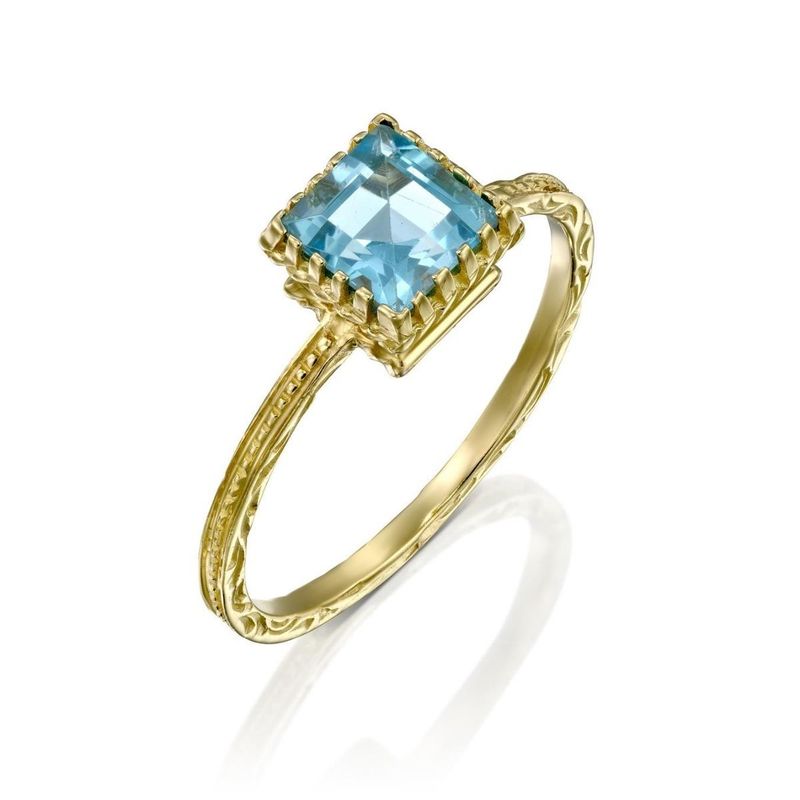 14K Yellow Gold Square Blue Topaz 6X6mm Ring