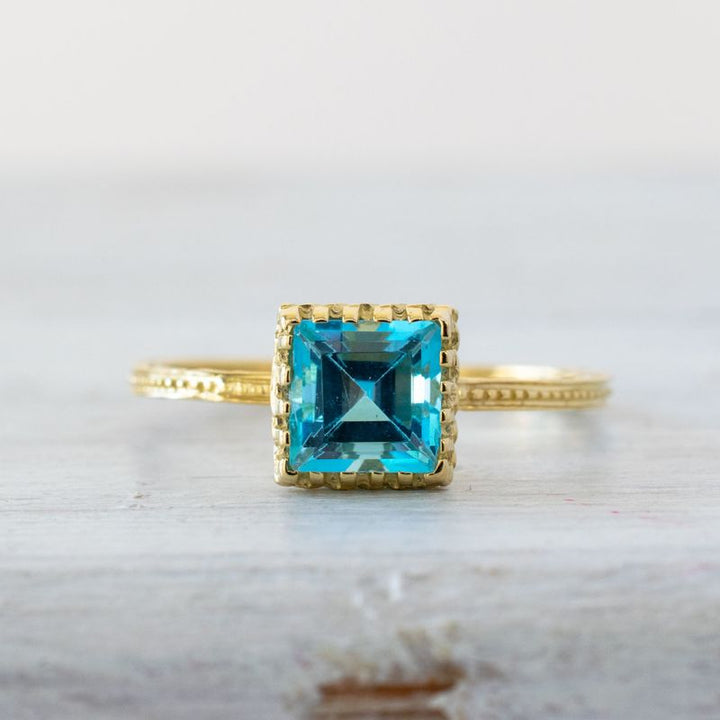 14K Yellow Gold Square Blue Topaz 6X6mm Ring